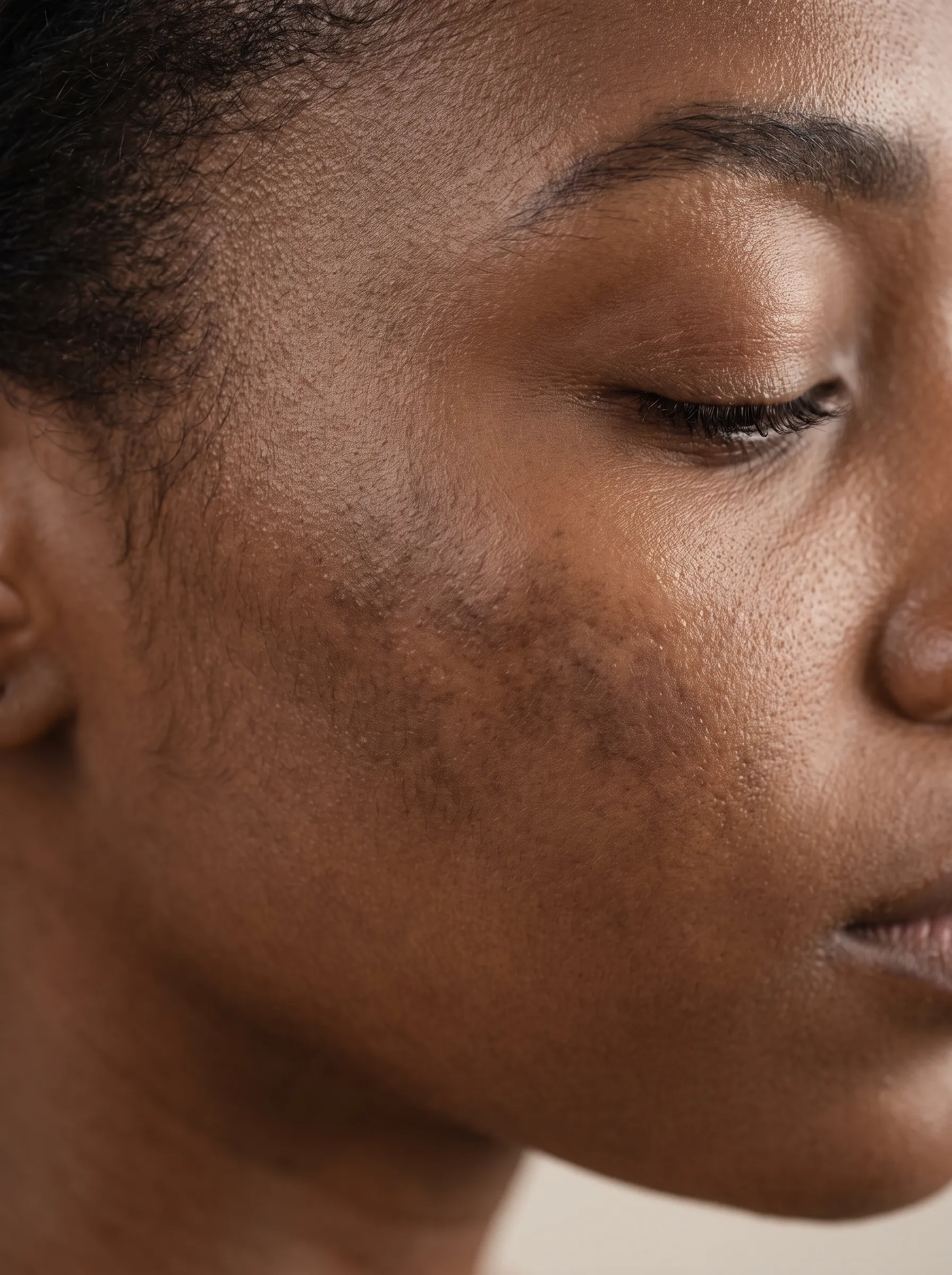 Side-lit portrait of calm, well-hydrated skin with visible natural texture