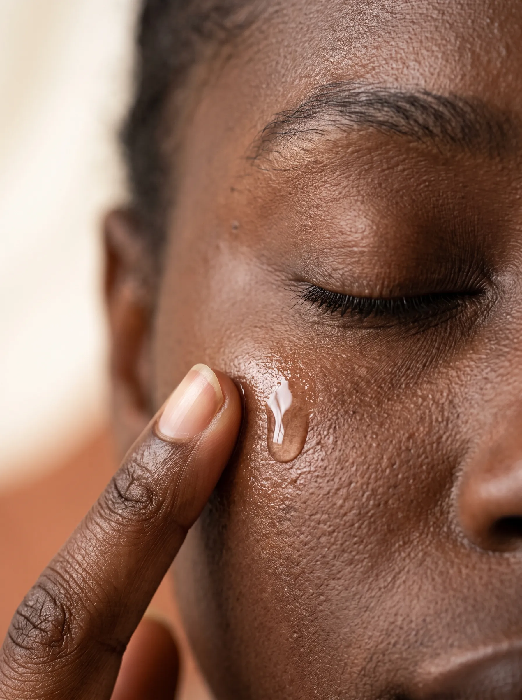 Close portrait of even, clear skin in warm natural light