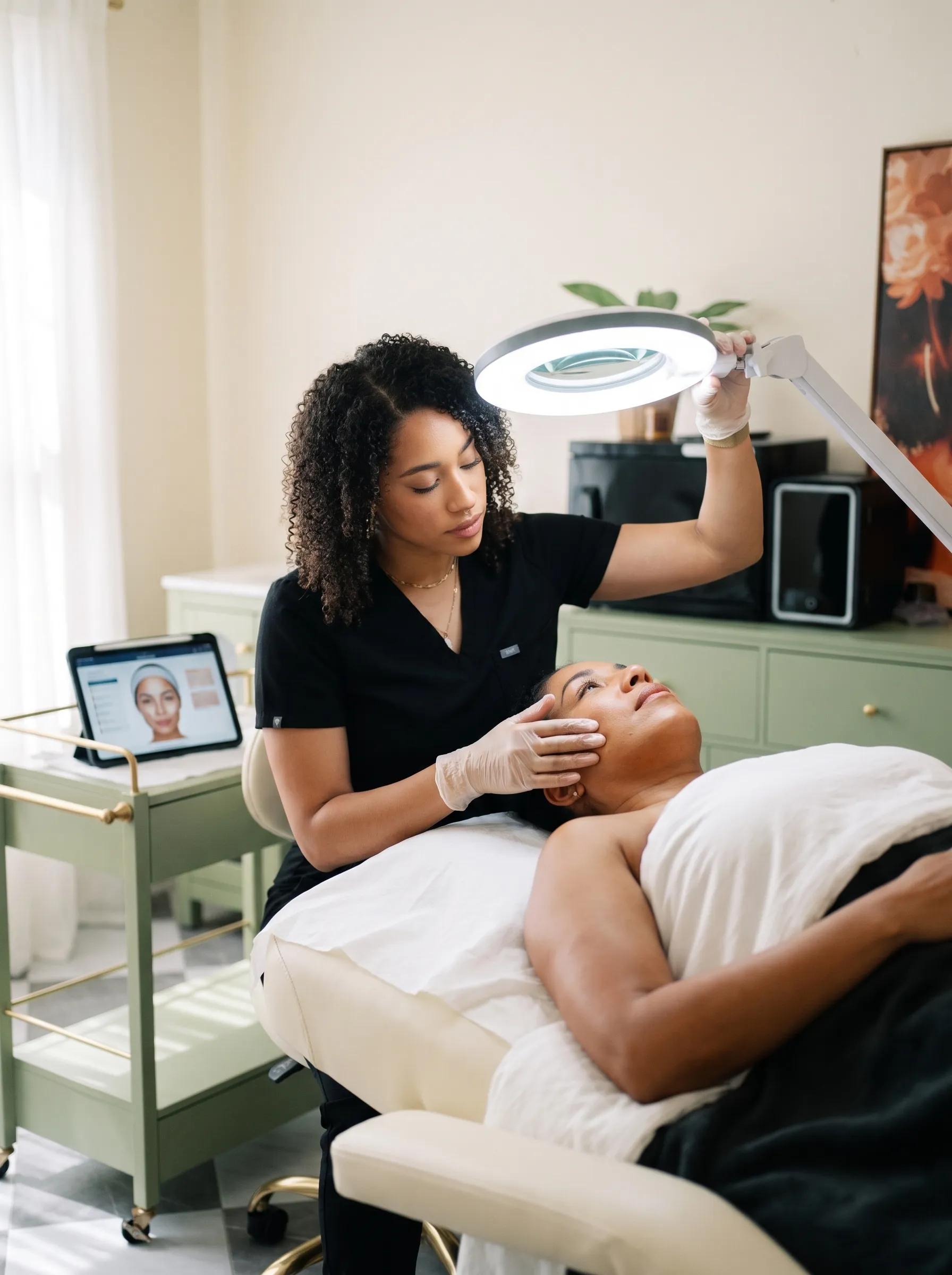 Corrective skin consultation at KIAMO Skin Mission Hills - licensed esthetician examining client skin with magnifying lamp for personalized treatment
