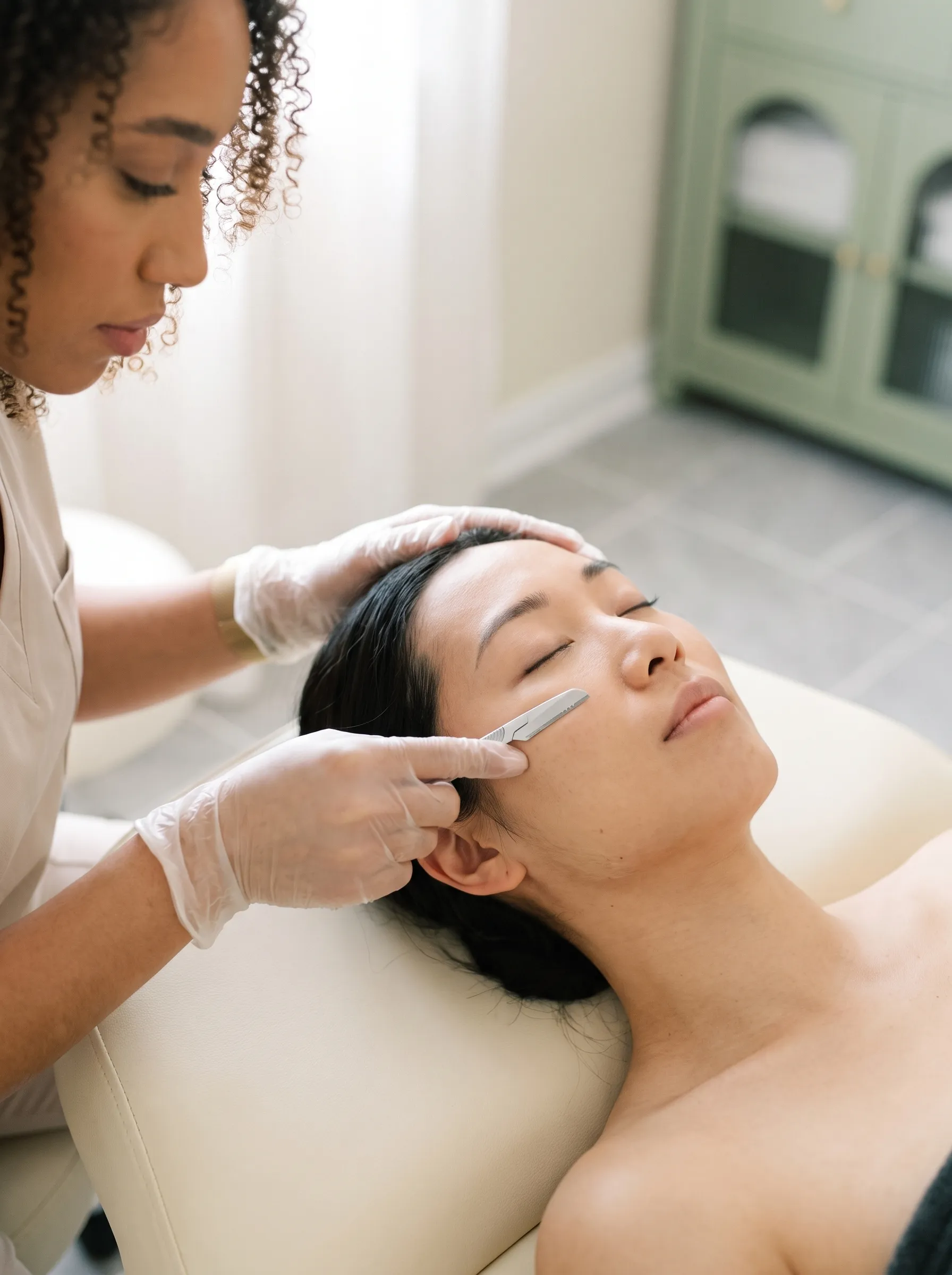 Dermaplaning treatment in progress at KIAMO Skin Mission Hills - licensed esthetician performing precise blade exfoliation technique