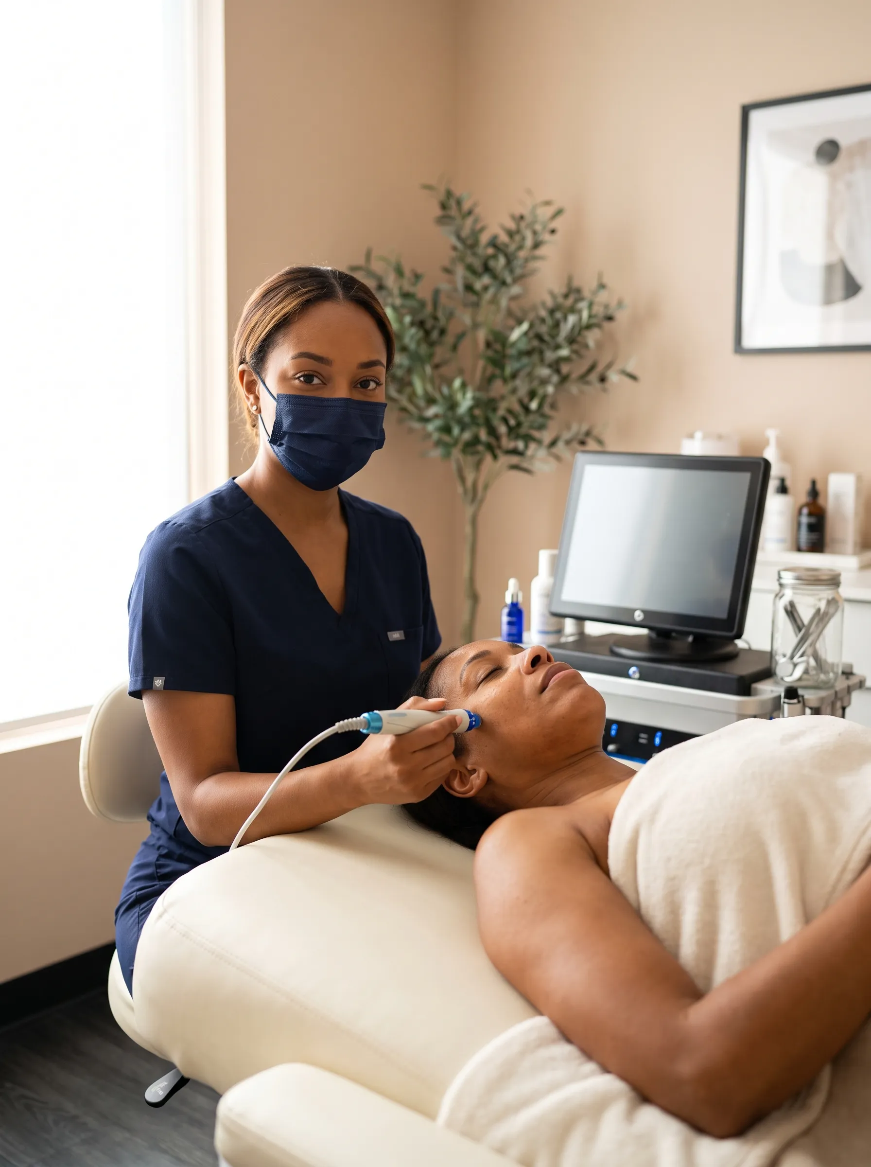 HydraFacial treatment in progress at KIAMO Skin Mission Hills serving Little Italy San Diego clients - licensed esthetician performing medical-grade facial