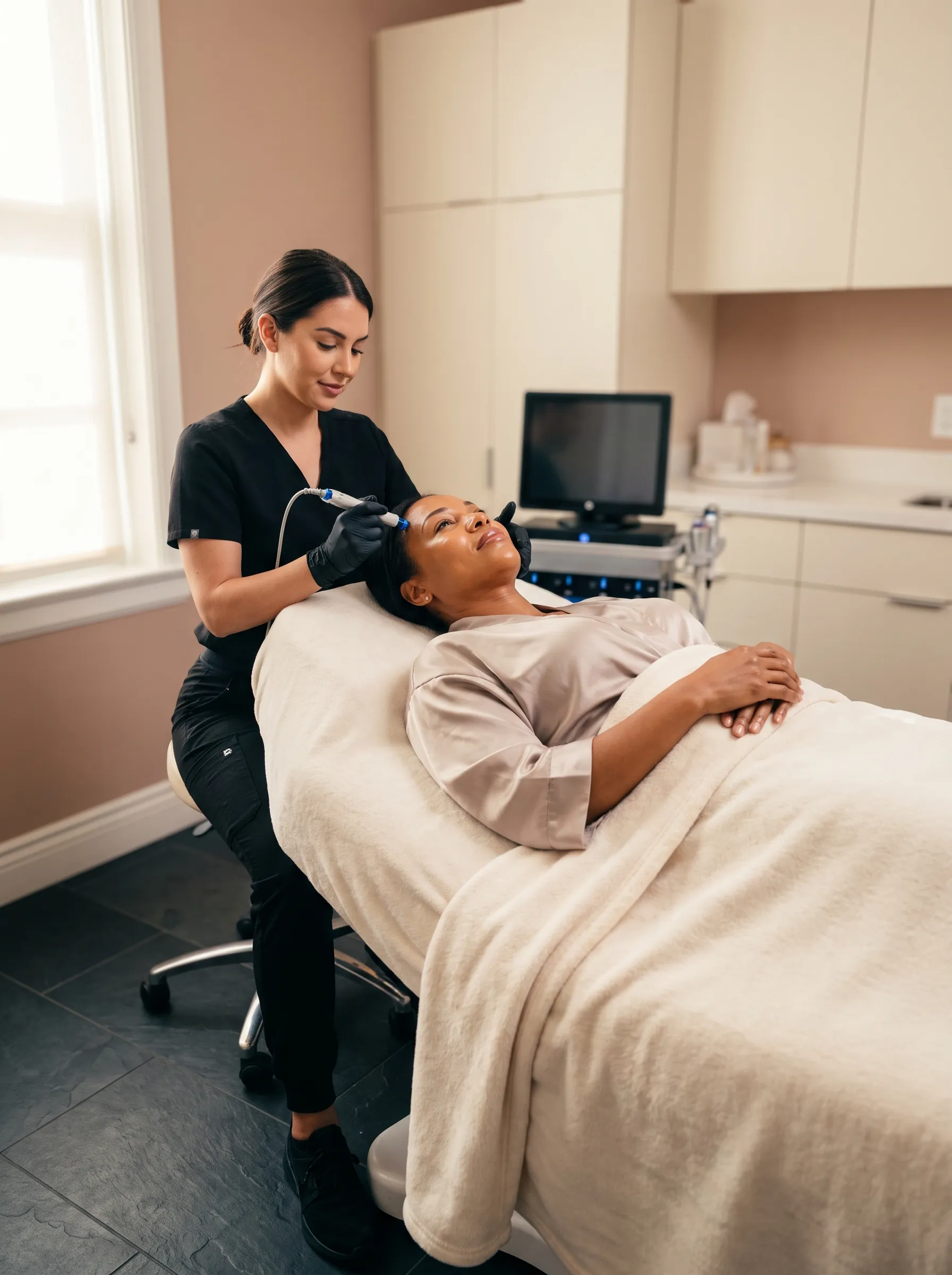 HydraFacial treatment in progress at KIAMO Skin Mission Hills serving Midway District San Diego clients - licensed esthetician performing medical-grade facial