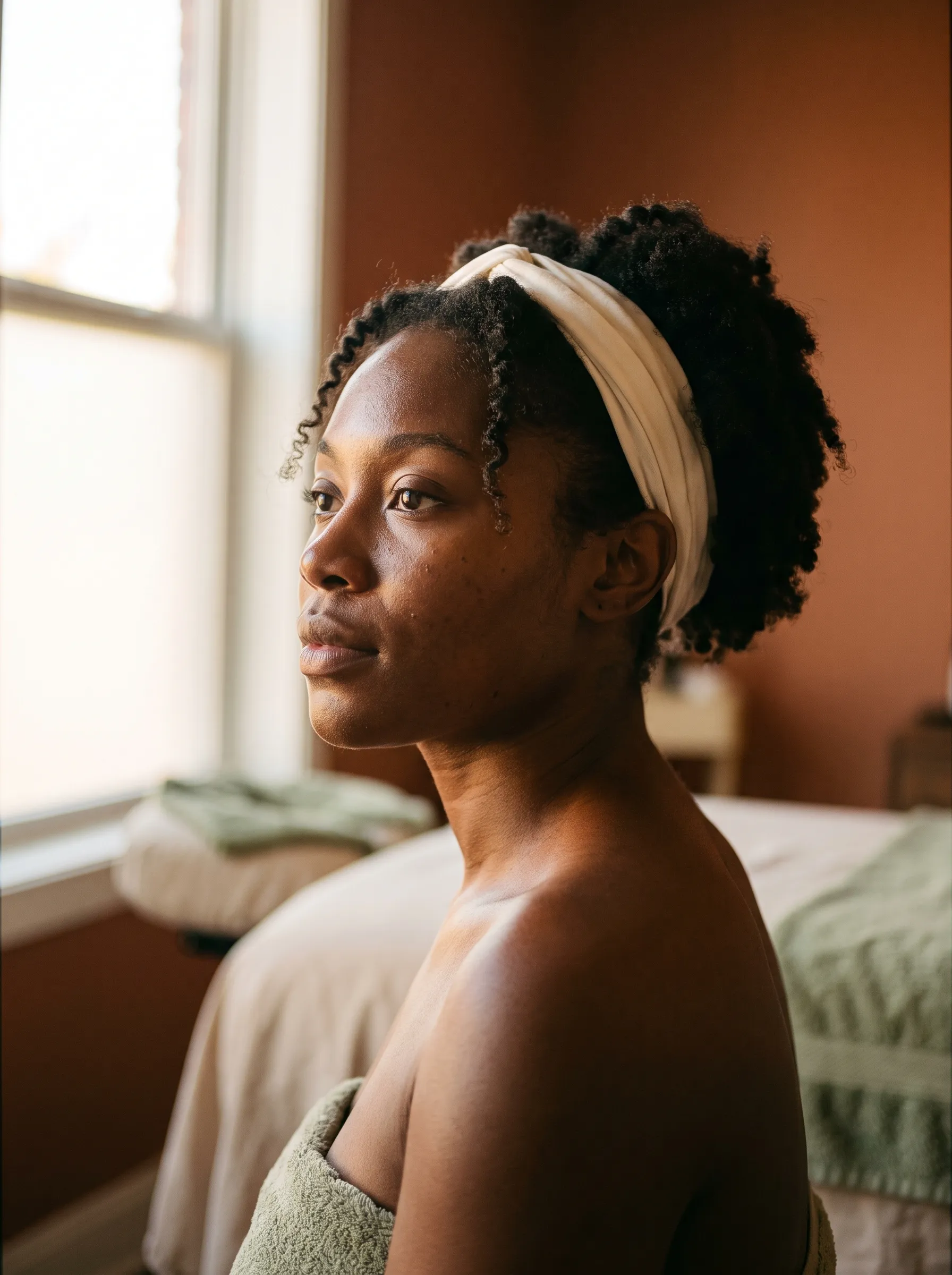 Seated portrait beside a window in warm daylight, bare skin showing its natural texture and tone