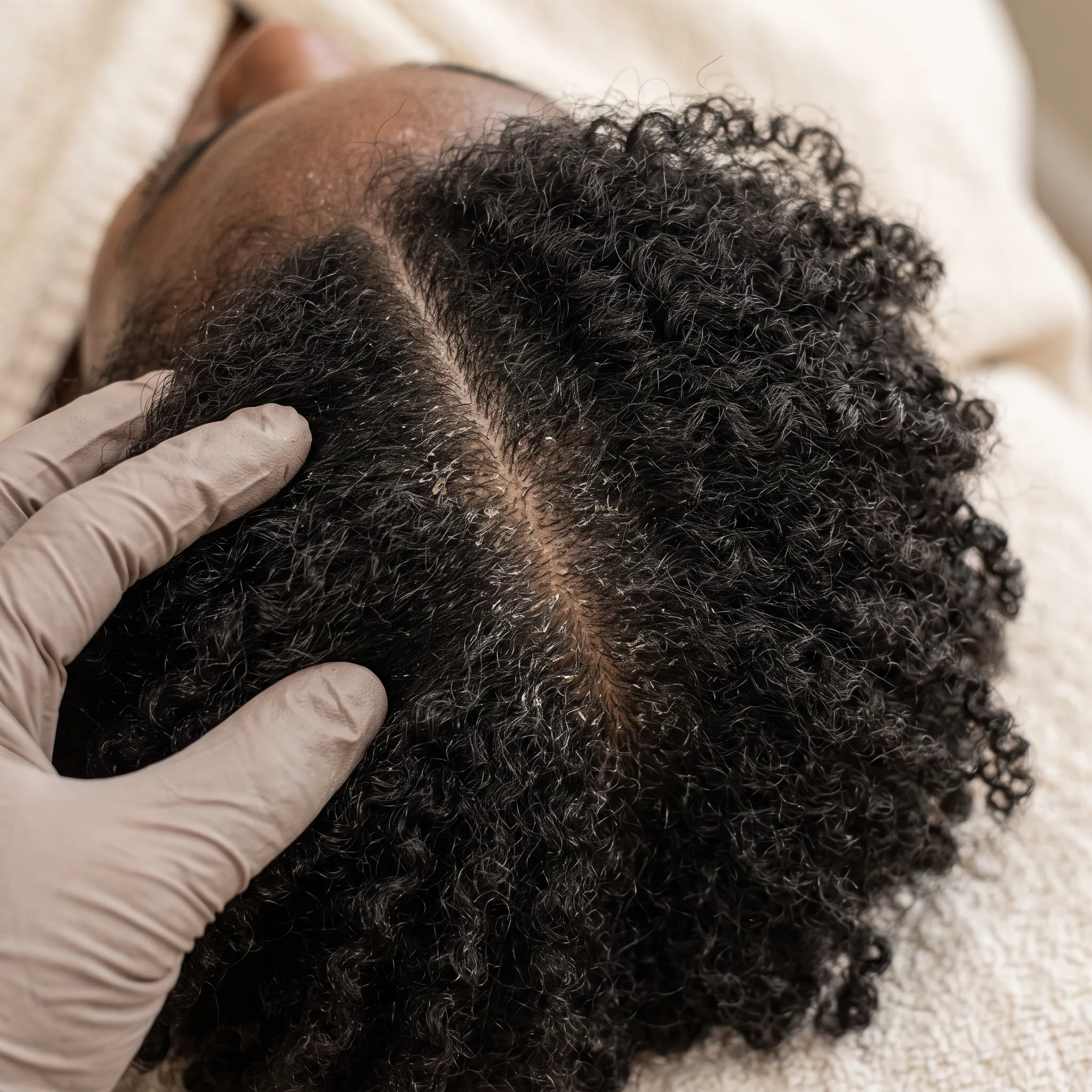 Dry, flaking scalp at the part before treatment