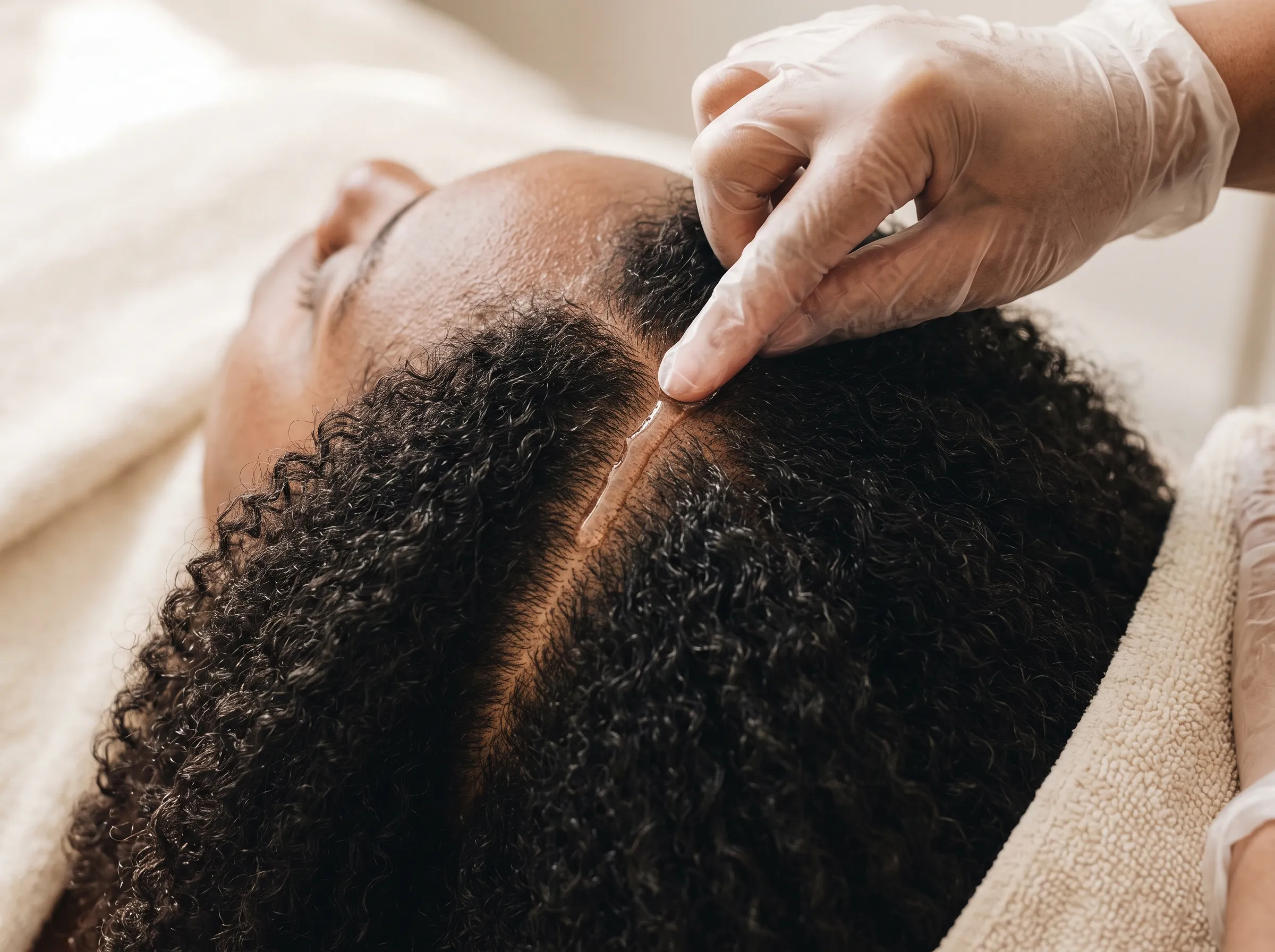 Scalp therapy being performed at the part line