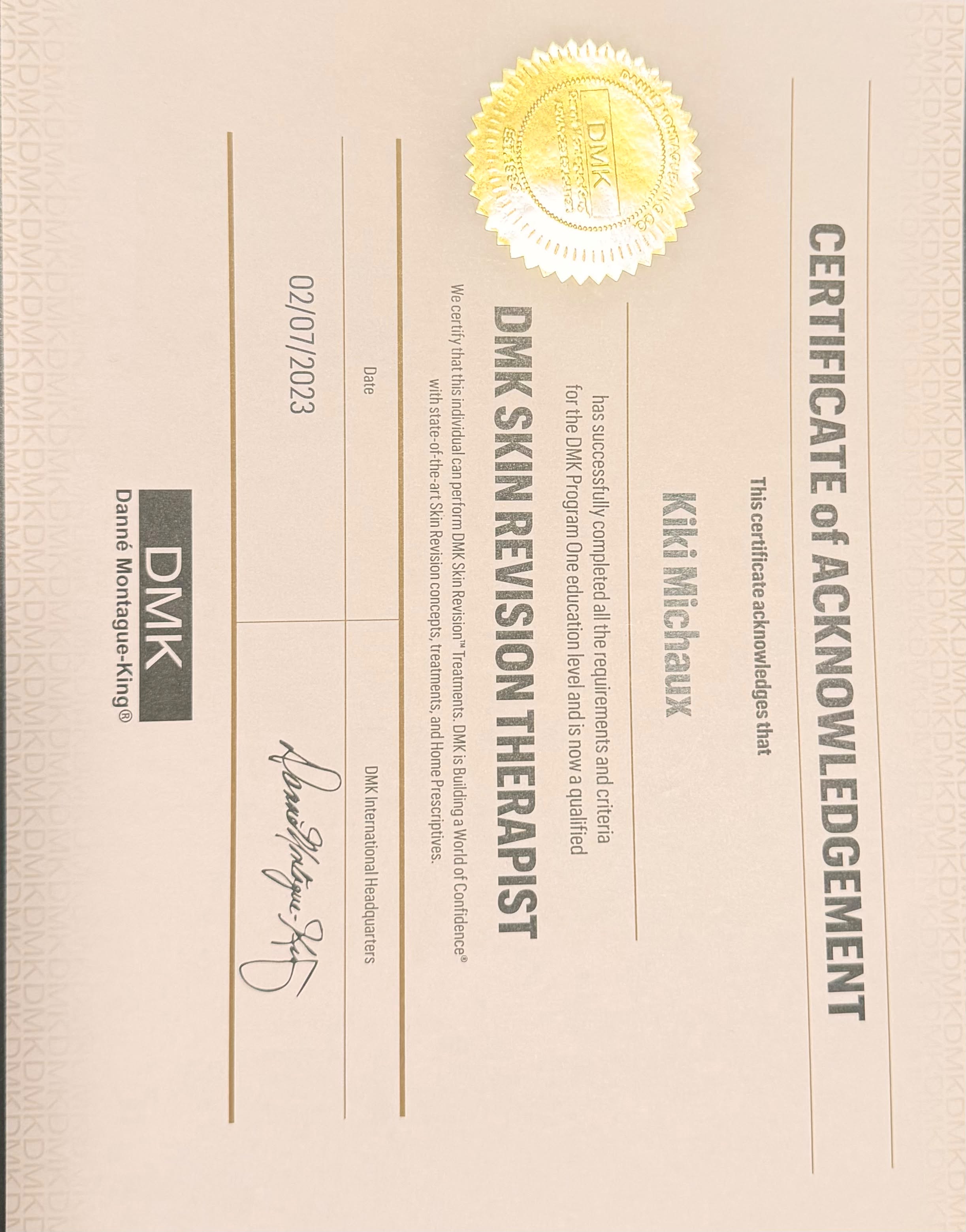 DMK Certified Skin Therapist certificate - Kiki, KIAMO Skin San Diego
