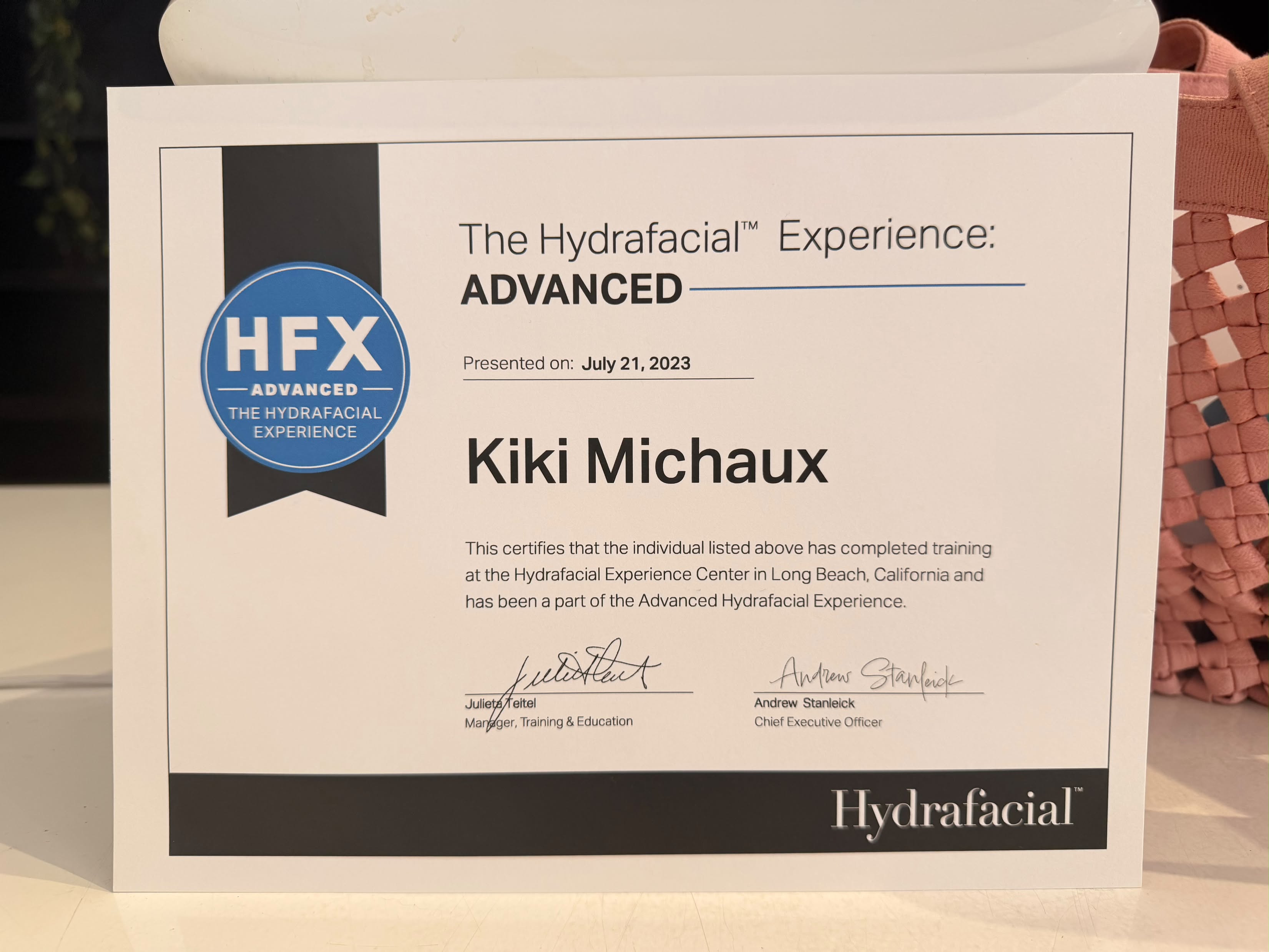 HydraFacial Certified Provider certificate - KIAMO Skin, San Diego California